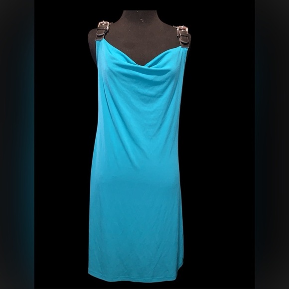 Michael Kors Dresses & Skirts - Michael Kors Small Y2K 2000 Turquoise Dress w/ drape neck and belt buckle straps